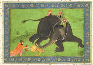 Bedienden redden een gevallen man van een woedende olifant, uit het Grote Clive Album door Mughal School
